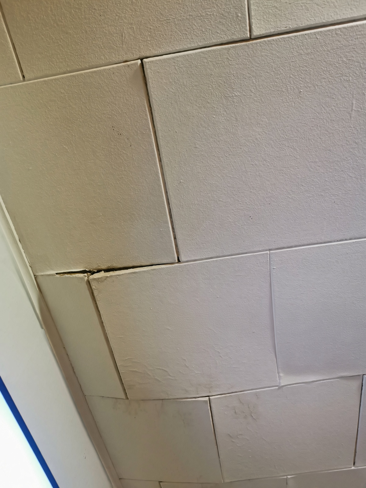 Sagging drywall ceiling section in a Raleigh home before re-fastening